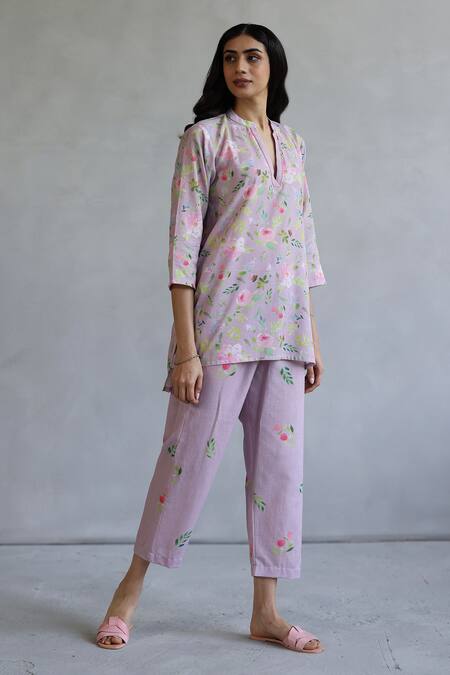 Shop_Roza_Pink Linen Embroidery Mandarin Collar Floral Printed Kurta And Pant Set _Online_at_Aza_Fashions