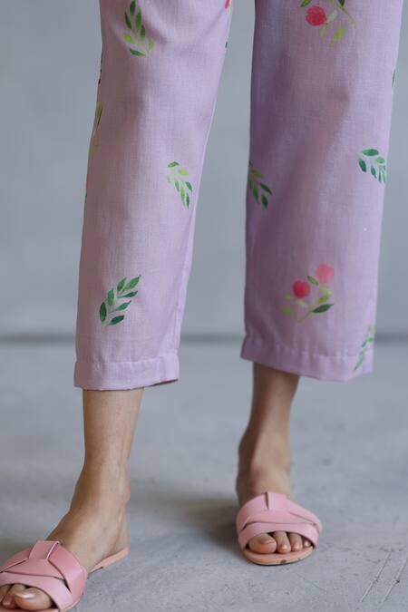 Roza_Pink Linen Embroidery Mandarin Collar Floral Printed Kurta And Pant Set _at_Aza_Fashions