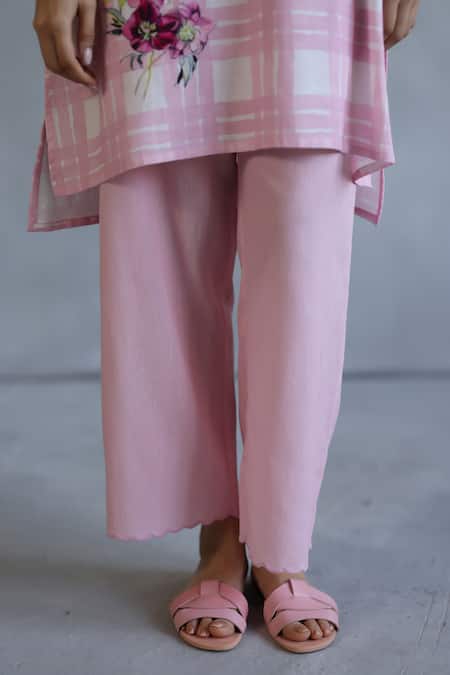 Shop_Roza_Pink Linen Embroidery Open Neck Checkered Floral Kurta Set _Online_at_Aza_Fashions