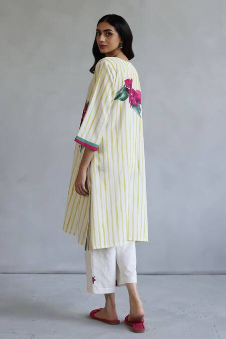 Buy Roza Yellow Linen Open Neck Printed Kurta Set Buy_Roza_Yellow Linen Open Neck Printed Kurta Set