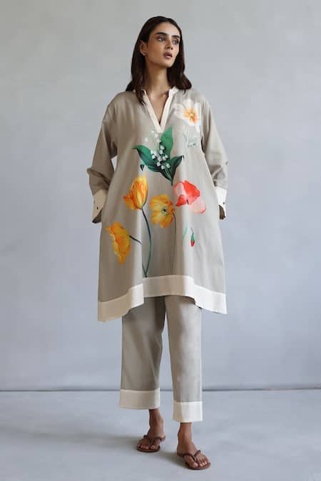 Buy_Roza_Beige Linen Mandarin Collar Floral Printed Kaftan And Pant Set _Online_at_Aza_Fashions