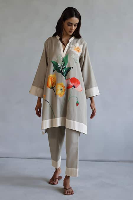 Shop_Roza_Beige Linen Mandarin Collar Floral Printed Kaftan And Pant Set _Online_at_Aza_Fashions