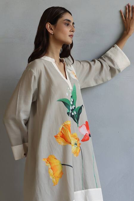 Buy_Roza_Beige Linen Mandarin Collar Floral Printed Kaftan And Pant Set 