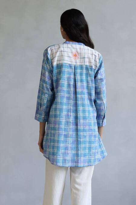 Shop Roza Blue Linen Embroidery Mandarin Collar Checkered Print Tunic at Aza Fashions Shop_Roza_Blue Linen Embroidery Mandarin Collar Checkered Print Tunic _at_Aza_Fashions