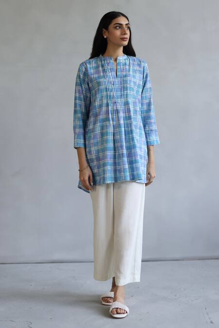 Roza Blue Linen Embroidery Mandarin Collar Checkered Print Tunic Online at Aza Fashions Roza_Blue Linen Embroidery Mandarin Collar Checkered Print Tunic _Online_at_Aza_Fashions