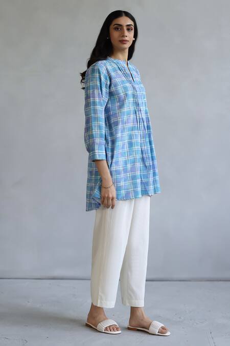 Buy Roza Blue Linen Embroidery Mandarin Collar Checkered Print Tunic Online at Aza Fashions Buy_Roza_Blue Linen Embroidery Mandarin Collar Checkered Print Tunic _Online_at_Aza_Fashions