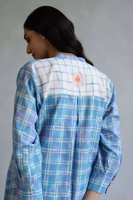 Shop_Roza_Blue Linen Embroidery Mandarin Collar Checkered Print Tunic _Online_at_Aza_Fashions