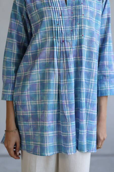Buy_Roza_Blue Linen Embroidery Mandarin Collar Checkered Print Tunic 