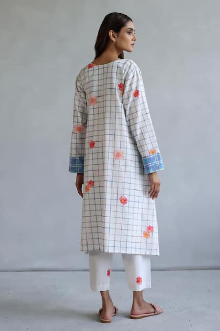 Shop Roza Ivory Linen Round Neck Floral Hand Painted Kurta And Pant Set at Aza Fashions Shop_Roza_Ivory Linen Round Neck Floral Hand Painted Kurta And Pant Set _at_Aza_Fashions