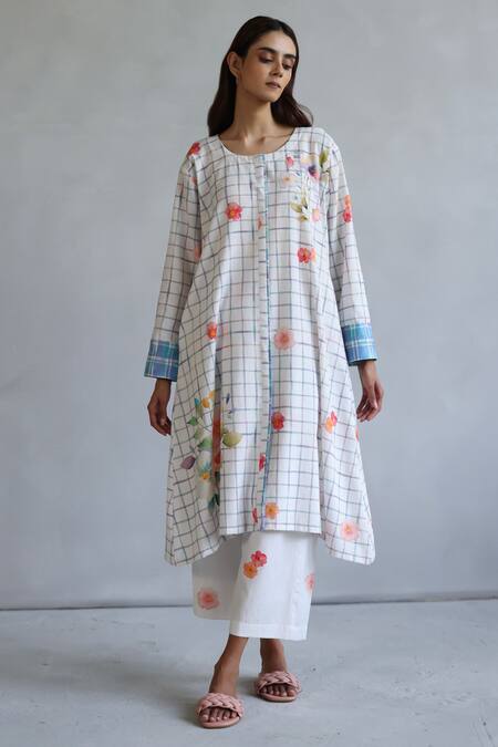 Shop Roza Ivory Linen Round Neck Floral Hand Painted Kurta And Pant Set Online at Aza Fashions Shop_Roza_Ivory Linen Round Neck Floral Hand Painted Kurta And Pant Set _Online_at_Aza_Fashions