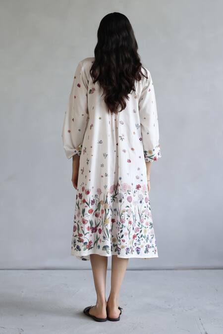 Shop Roza Ivory Linen Mandarin Collar Floral Printed Midi Dress at Aza Fashions Shop_Roza_Ivory Linen Mandarin Collar Floral Printed Midi Dress _at_Aza_Fashions