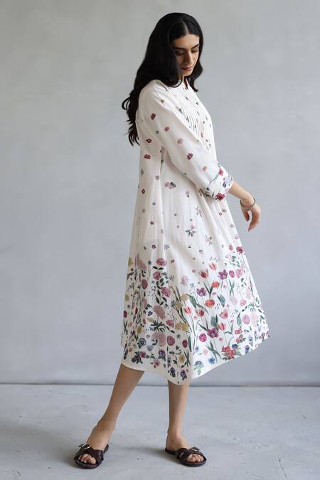 Buy Roza Ivory Linen Mandarin Collar Floral Printed Midi Dress Online at Aza Fashions Buy_Roza_Ivory Linen Mandarin Collar Floral Printed Midi Dress _Online_at_Aza_Fashions