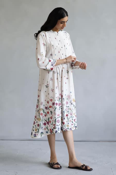 Shop Roza Ivory Linen Mandarin Collar Floral Printed Midi Dress Online at Aza Fashions Shop_Roza_Ivory Linen Mandarin Collar Floral Printed Midi Dress _Online_at_Aza_Fashions
