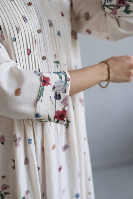 Roza_Ivory Linen Mandarin Collar Floral Printed Midi Dress _at_Aza_Fashions