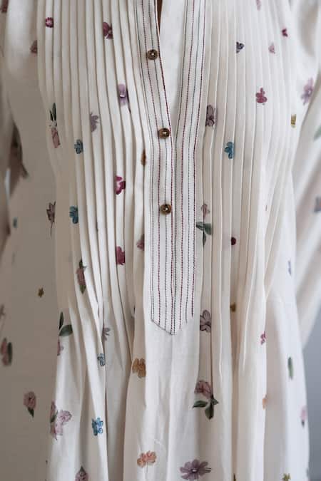 Shop_Roza_Ivory Linen Mandarin Collar Floral Printed Midi Dress 