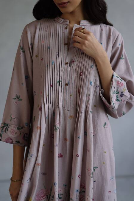 Roza_Pink Linen Embroidery Mandarin Collar Floral Printed Midi Dress _Online_at_Aza_Fashions