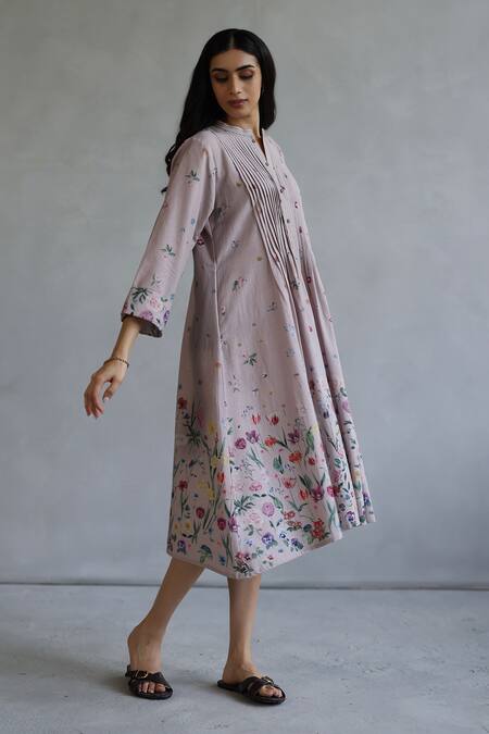 Buy Roza Pink Linen Embroidery Mandarin Collar Floral Printed Midi Dress Online at Aza Fashions Buy_Roza_Pink Linen Embroidery Mandarin Collar Floral Printed Midi Dress _Online_at_Aza_Fashions