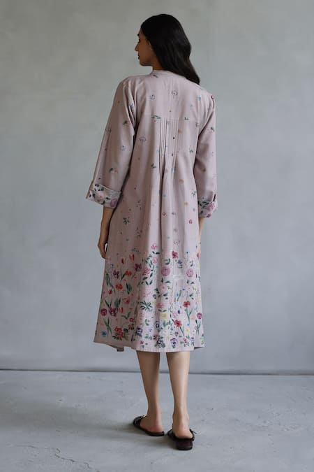 Shop Roza Pink Linen Embroidery Mandarin Collar Floral Printed Midi Dress at Aza Fashions Shop_Roza_Pink Linen Embroidery Mandarin Collar Floral Printed Midi Dress _at_Aza_Fashions