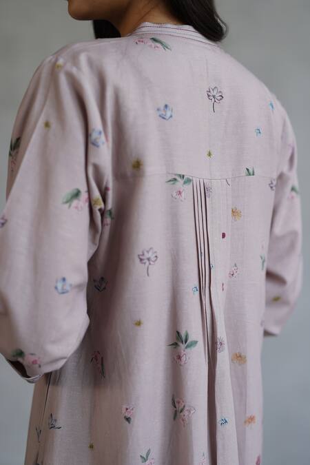 Shop_Roza_Pink Linen Embroidery Mandarin Collar Floral Printed Midi Dress _Online_at_Aza_Fashions