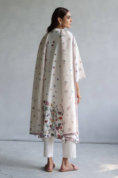 Roza Ivory Linen V-neck Botanical Print Kurta And Pant Set Online at Aza Fashions Roza_Ivory Linen V-neck Botanical Print Kurta And Pant Set _Online_at_Aza_Fashions