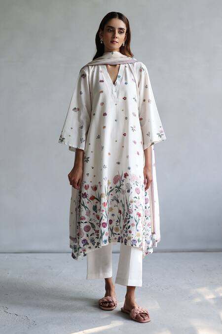 Shop Roza Ivory Linen V-neck Botanical Print Kurta And Pant Set Online at Aza Fashions Shop_Roza_Ivory Linen V-neck Botanical Print Kurta And Pant Set _Online_at_Aza_Fashions
