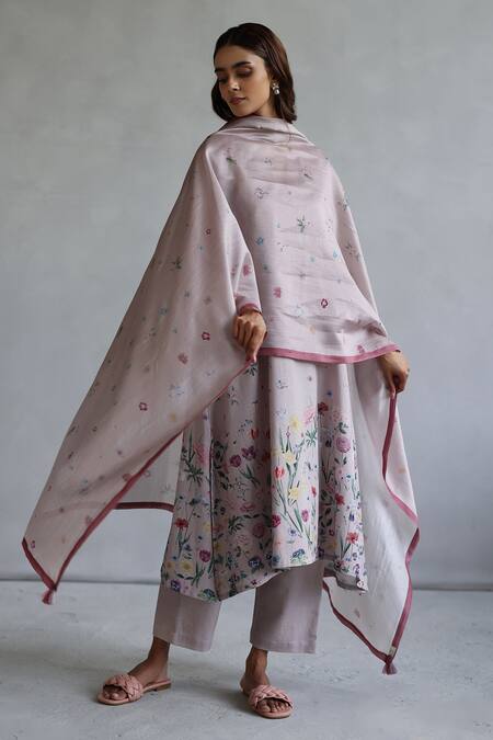 Buy_Roza_Pink Linen V-neck Botanical Print Kurta And Pant Set _Online_at_Aza_Fashions