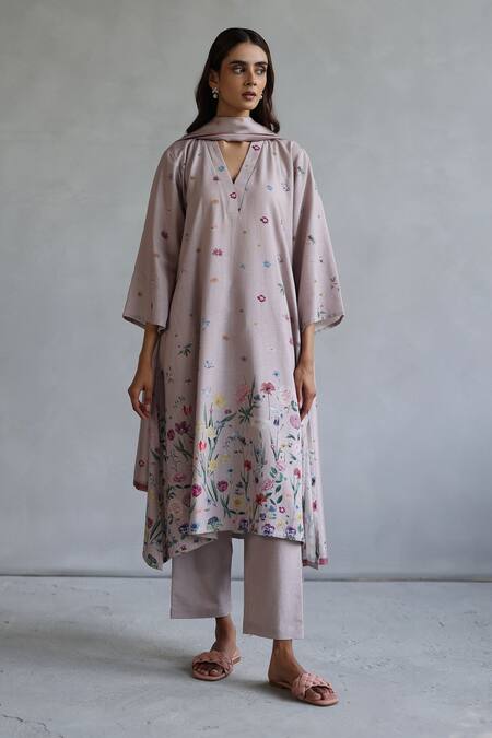 Shop_Roza_Pink Linen V-neck Botanical Print Kurta And Pant Set _Online_at_Aza_Fashions