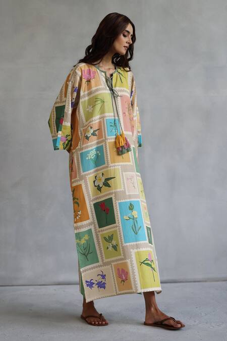 Roza Multi Color Linen Keyhole Neck Floral Stamp Print Midi Dress Online at Aza Fashions Roza_Multi Color Linen Keyhole Neck Floral Stamp Print Midi Dress _Online_at_Aza_Fashions