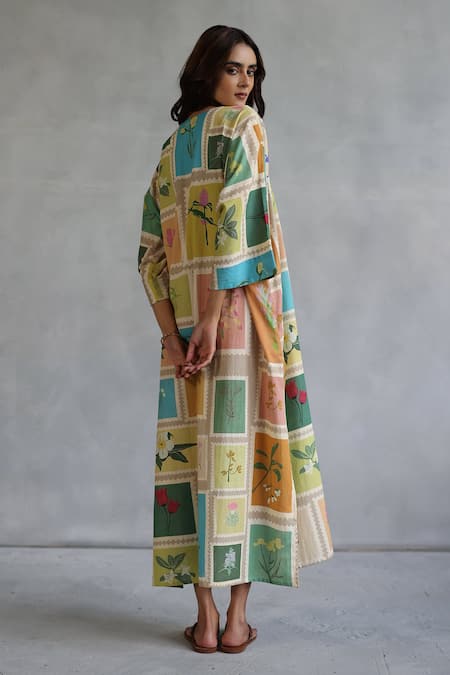 Shop Roza Multi Color Linen Keyhole Neck Floral Stamp Print Midi Dress at Aza Fashions Shop_Roza_Multi Color Linen Keyhole Neck Floral Stamp Print Midi Dress _at_Aza_Fashions