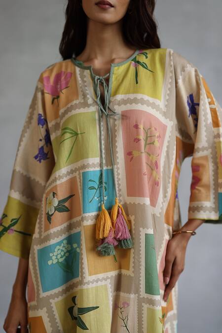 Shop_Roza_Multi Color Linen Keyhole Neck Floral Stamp Print Midi Dress _Online_at_Aza_Fashions