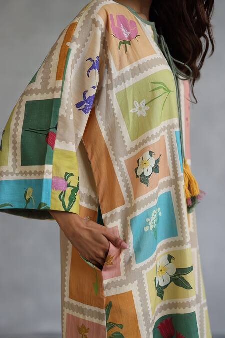 Roza_Multi Color Linen Keyhole Neck Floral Stamp Print Midi Dress _at_Aza_Fashions