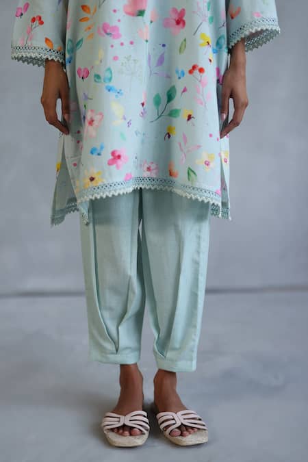 Shop_Roza_Blue Linen Beads Round Neck Floral Printed Kurta Set _Online_at_Aza_Fashions