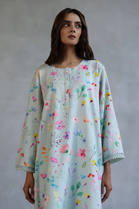 Buy_Roza_Blue Linen Beads Round Neck Floral Printed Kurta Set 