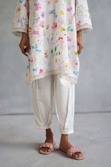 Roza_Ivory Linen Round Neck Floral Print Kurta And Salwar Set _Online_at_Aza_Fashions