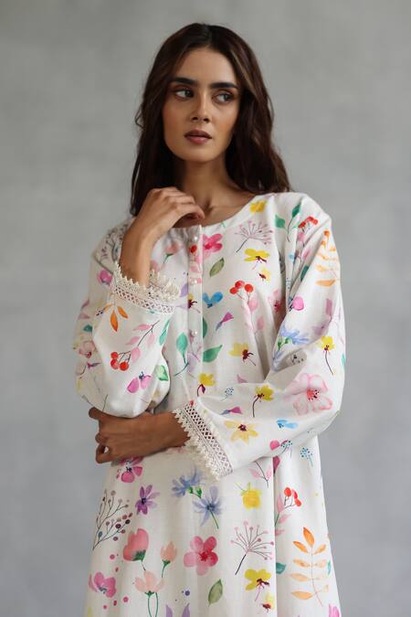 Buy Roza Ivory Linen Round Neck Floral Print Kurta And Salwar Set Online at Aza Fashions Buy_Roza_Ivory Linen Round Neck Floral Print Kurta And Salwar Set _Online_at_Aza_Fashions