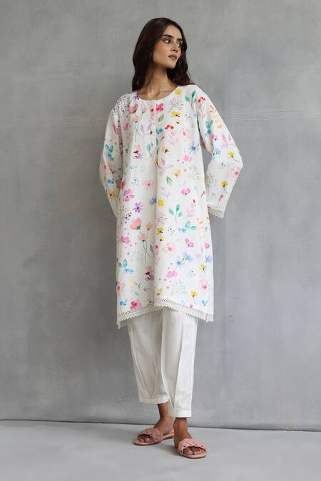 Shop Roza Ivory Linen Round Neck Floral Print Kurta And Salwar Set Online at Aza Fashions Shop_Roza_Ivory Linen Round Neck Floral Print Kurta And Salwar Set _Online_at_Aza_Fashions