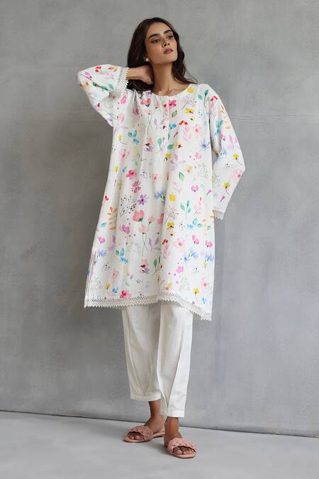 Roza Ivory Linen Round Neck Floral Print Kurta And Salwar Set at Aza Fashions Roza_Ivory Linen Round Neck Floral Print Kurta And Salwar Set _at_Aza_Fashions