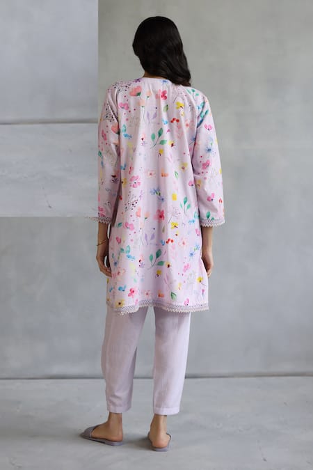 Shop Roza Pink Linen Beads Round Neck Floral Embellished Kurta Set at Aza Fashions Shop_Roza_Pink Linen Beads Round Neck Floral Embellished Kurta Set _at_Aza_Fashions