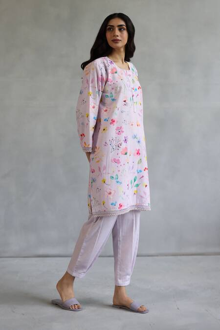Roza Pink Linen Beads Round Neck Floral Embellished Kurta Set Online at Aza Fashions Roza_Pink Linen Beads Round Neck Floral Embellished Kurta Set _Online_at_Aza_Fashions