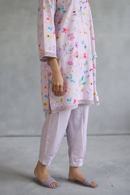 Shop_Roza_Pink Linen Beads Round Neck Floral Embellished Kurta Set _Online_at_Aza_Fashions