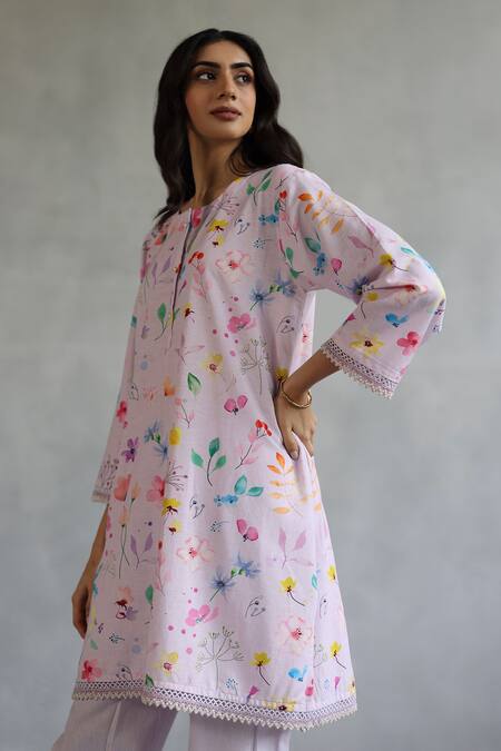 Roza Pink Linen Beads Round Neck Floral Embellished Kurta Set at Aza Fashions Roza_Pink Linen Beads Round Neck Floral Embellished Kurta Set _at_Aza_Fashions