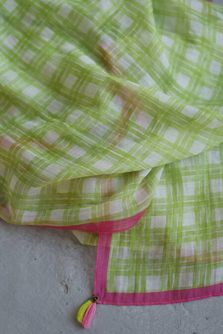 Roza_Green Lime Checkered Print Stole _at_Aza_Fashions