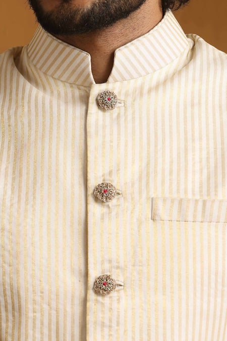 Weaver Story_Off White Chanderi Zari, Embroidery Woven Stripe Bundi Kurta Set _Online_at_Aza_Fashions