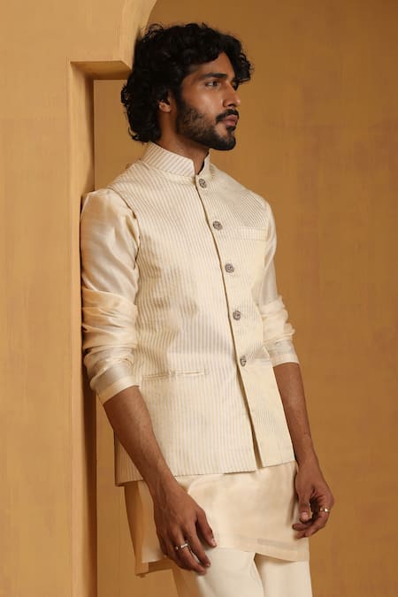 Shop_Weaver Story_Off White Chanderi Zari, Embroidery Woven Stripe Bundi Kurta Set _Online_at_Aza_Fashions