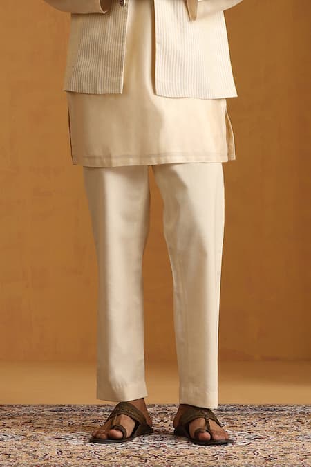 Weaver Story_Off White Chanderi Zari, Embroidery Woven Stripe Bundi Kurta Set _at_Aza_Fashions