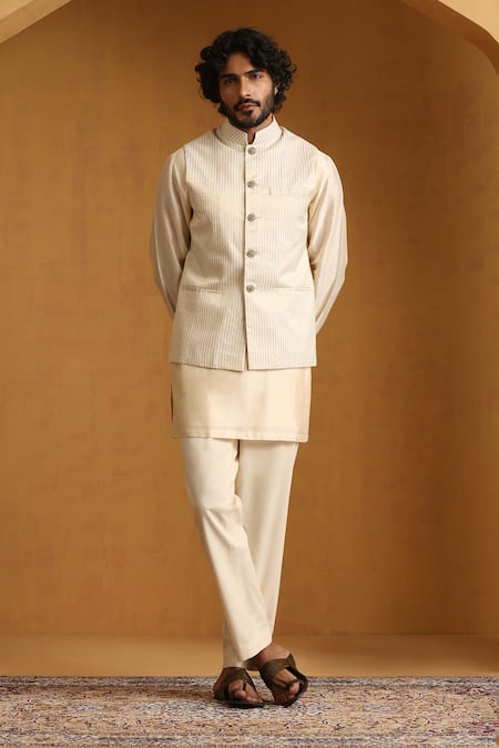 Shop_Weaver Story_Off White Chanderi Zari, Embroidery Woven Stripe Bundi Kurta Set 