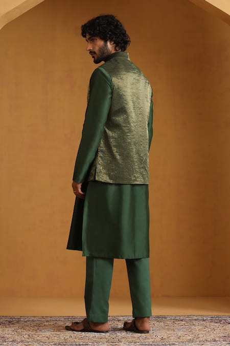 Weaver Story Green Striped Chanderi Bundi Kurta Set