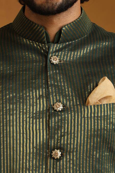 Buy Weaver Story Green Chanderi Sequins Striped Bundi Kurta Set Buy_Weaver Story_Green Chanderi Sequins Striped Bundi Kurta Set