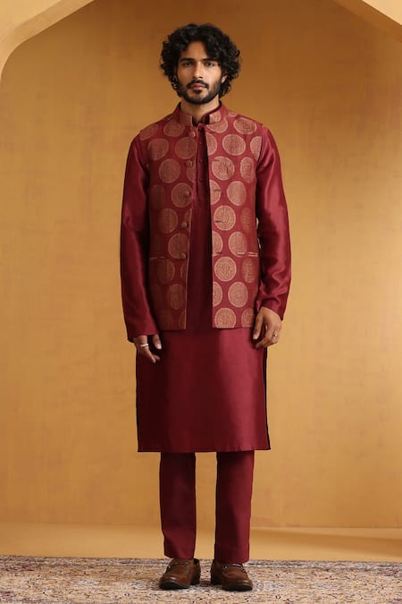 Weaver Story_Maroon Chanderi Mandala Pattern Bundi Kurta Set _Online_at_Aza_Fashions