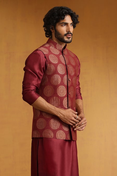 Buy_Weaver Story_Maroon Chanderi Mandala Pattern Bundi Kurta Set _Online_at_Aza_Fashions